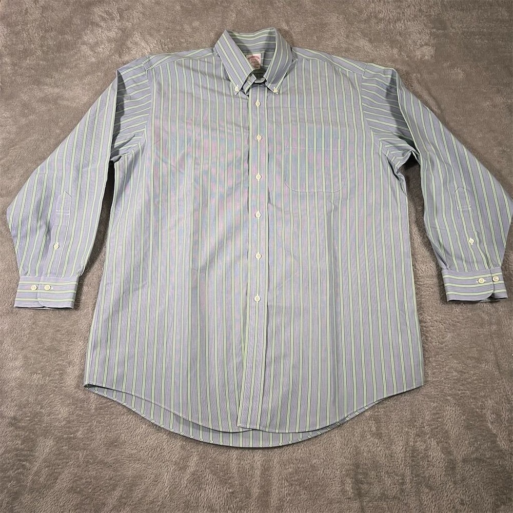 Brooks Brothers 346 Dress Shirt Mens 16 2/3 Blue Green Striped Long Sleeve Caree